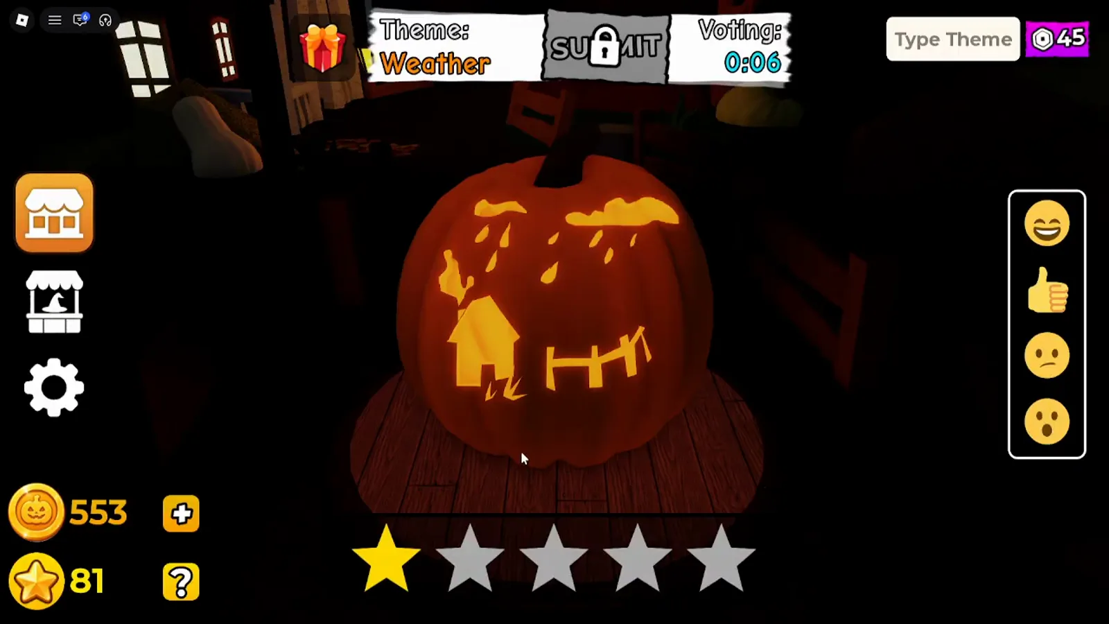 Carve a Pumpkin Roblox Weather theme voting screen with one of five stars lit and Voting timer at six seconds