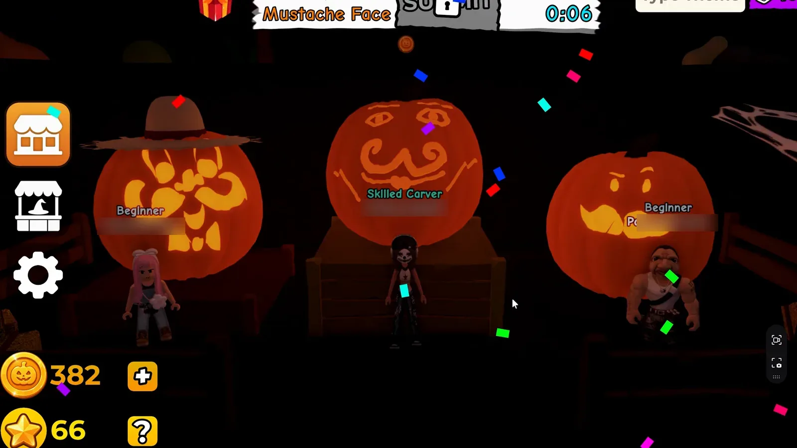 Carve a Pumpkin Roblox Winners stage with three pumpkin podiums and confetti on dark stage, usernames blurred